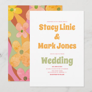 Convite de Casamento Retro Vintage Floral Groovy d