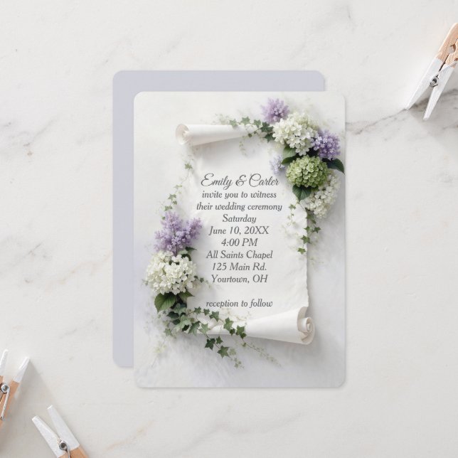Convite de Casamento Rolo com Lilases e Hortênsias (Frente/Verso In Situ)