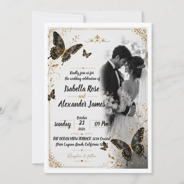 Convite de Casamento Romance Borboleta Dourada (Frente)