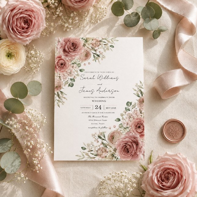 Convite de Casamento Romance Rosa Empoeirada (Luxury flat lay featuring our Dusty Rose Romance wedding invitation on premium ivory cardstock.)