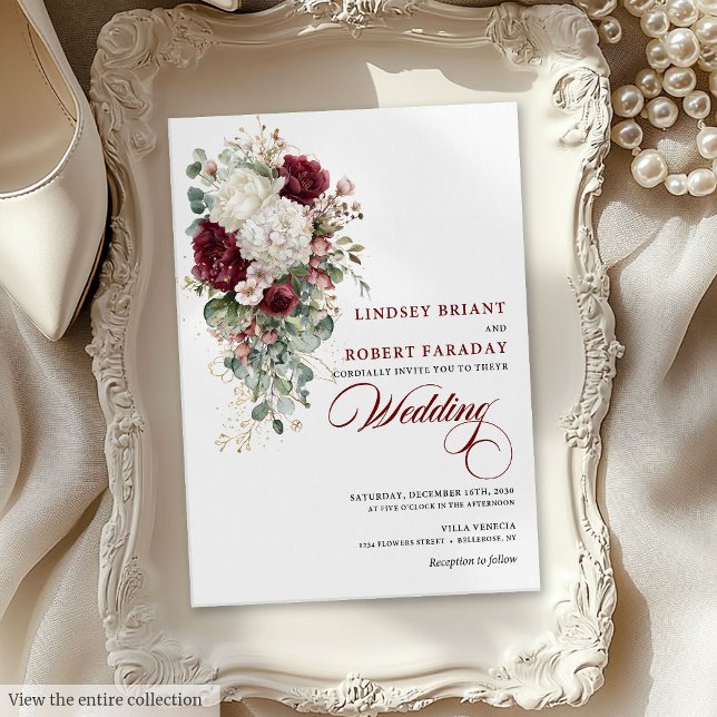 Convite de casamento Românico de Rosa Branca Boho  (Romantic Boho Burgundy White Rose Wedding Invite)