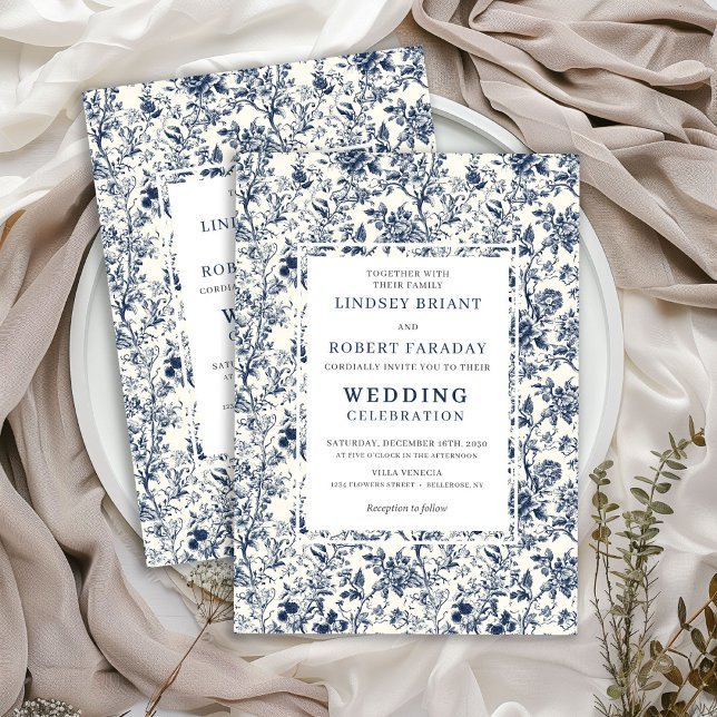 Convite de Casamento Romântico Azul Toile Francês  (Vintage French Toile Blue Romantic Wedding Invitation)