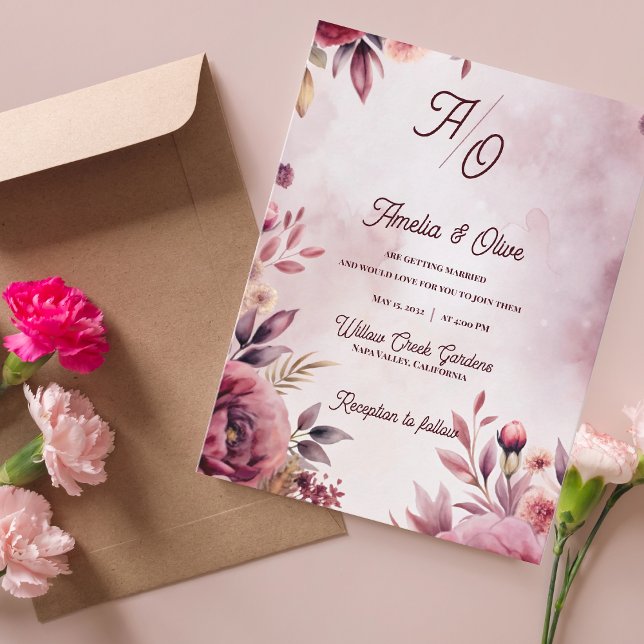 Convite de Casamento Romântico Bege Etéreo Mauve (Ethereal Mauve Fine Art Floral Wedding Invitation  | Romantic Blush Watercolor Wedding Invitation)