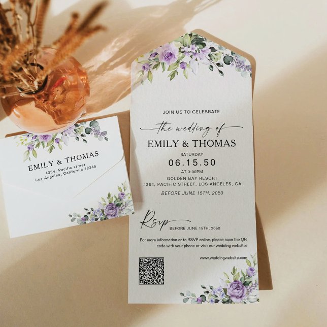 Convite de Casamento Romântico com Floral Roxo Tud (Criador carregado)