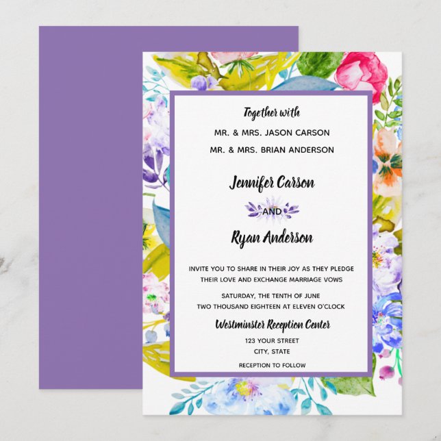 Convite de Casamento Romântico com Flores Roxas (Frente/Verso)