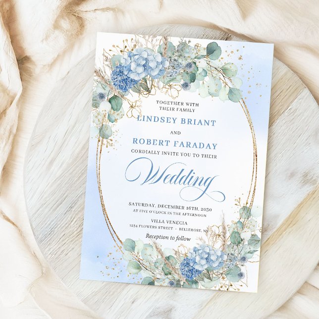 Convite de Casamento Romântico com Moldura Dourada (Romantic Blue Floral Gold Frame Wedding Invitation)