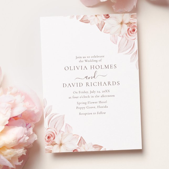 Convite de Casamento Romântico com Rosas Cor-de-ro (Romantic White and Pink Roses Wedding Invitation on a pink table with pale pink peonies.)