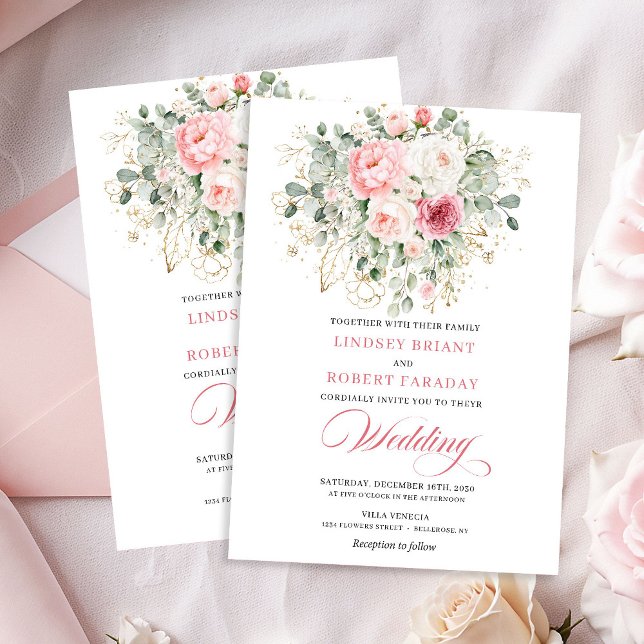 Convite de Casamento Romântico com Rosas e Folhage (Romantic Blush Roses Greenery Gold Wedding Invite)
