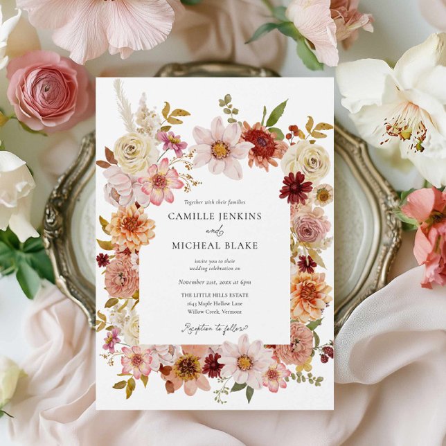 Convite de Casamento Romântico de Jardim de Outono (Wildflower Fall Wedding Invitation with QR Code)