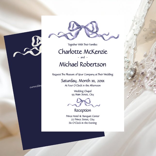 Convite de Casamento Romântico Elegante com Faixa  (Elegant Ribbon Navy & White Romantic Wedding Invitation)