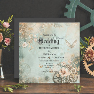 Convite de Casamento Romântico em Teal com Engrena