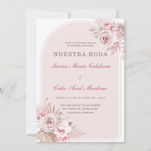 Convite de Casamento Romântico em Tom Rosa Pastel com Flor