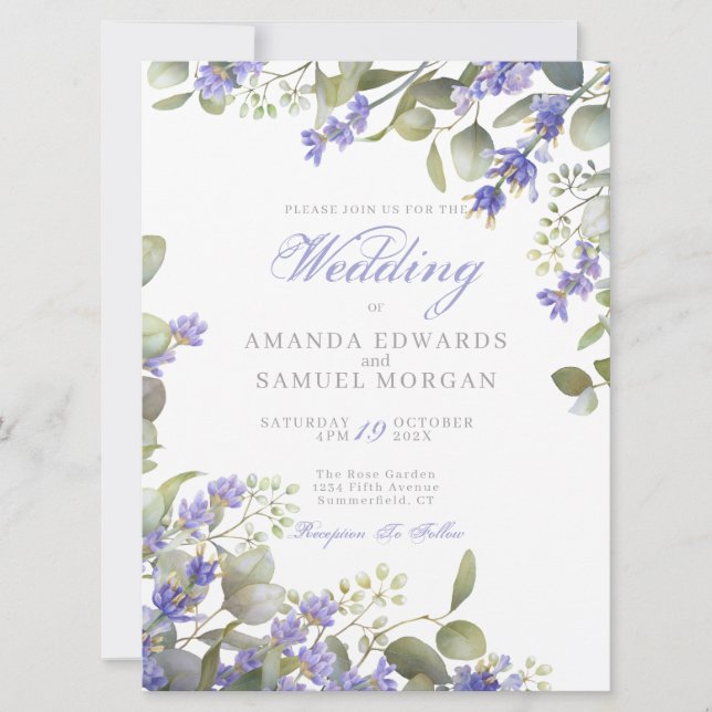 Convite de Casamento Romântico Eucalipto & Lavanda (Frente)