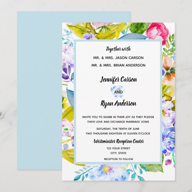 Convite de Casamento Romântico Floral Azul Suave (Frente/Verso)