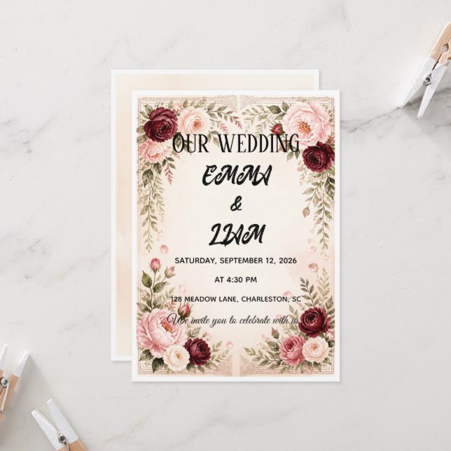 Convite de Casamento Romântico Floral de Prado (Frente/Verso In Situ)