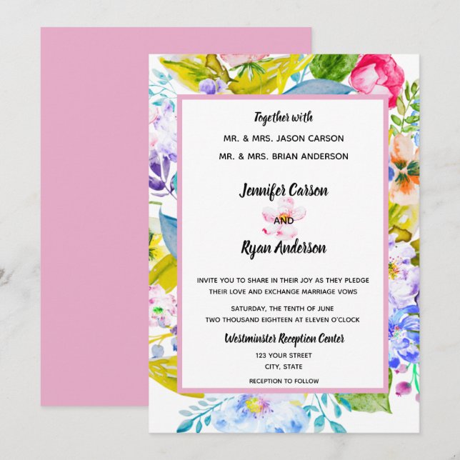 Convite de Casamento Romântico Floral Rosa Moderno (Frente/Verso)