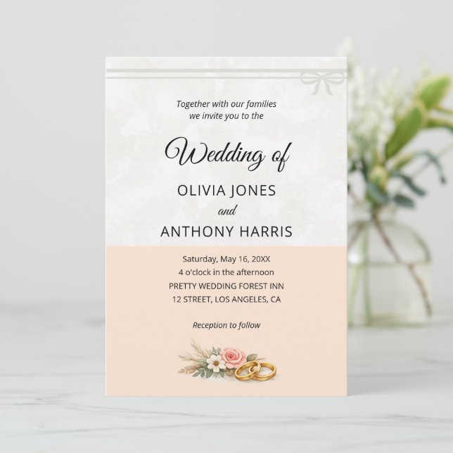 Convite de Casamento Romântico Floral Rústico Rosa (Em pé/Frente)