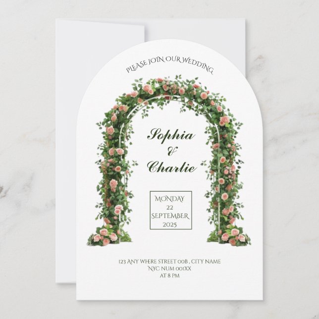 convite de casamento romântico flores arco de verd (Frente)