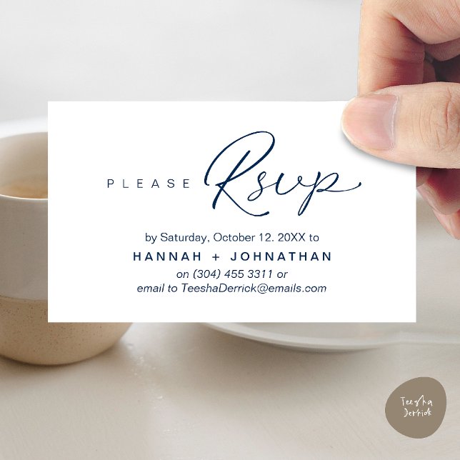 Convite de Casamento Romântico Moderno Cartão de L (Modern Romantic Wedding Invitation Invites RSVP Reminder Card Navy Blue)