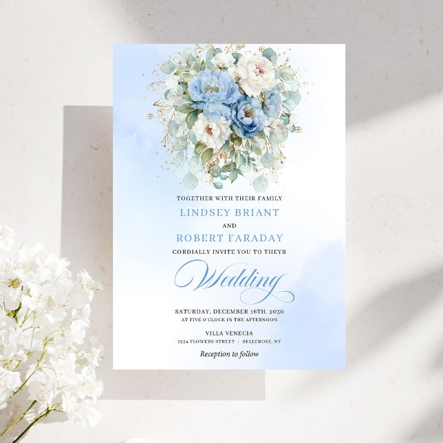 Convite de Casamento Romântico Poeirento Azul Peôn (Romantic Dusty Blue Peony Eucalyptus Wedding Invite)