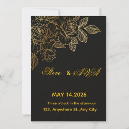 Convite de Casamento Romântico Preto e Dourado | E