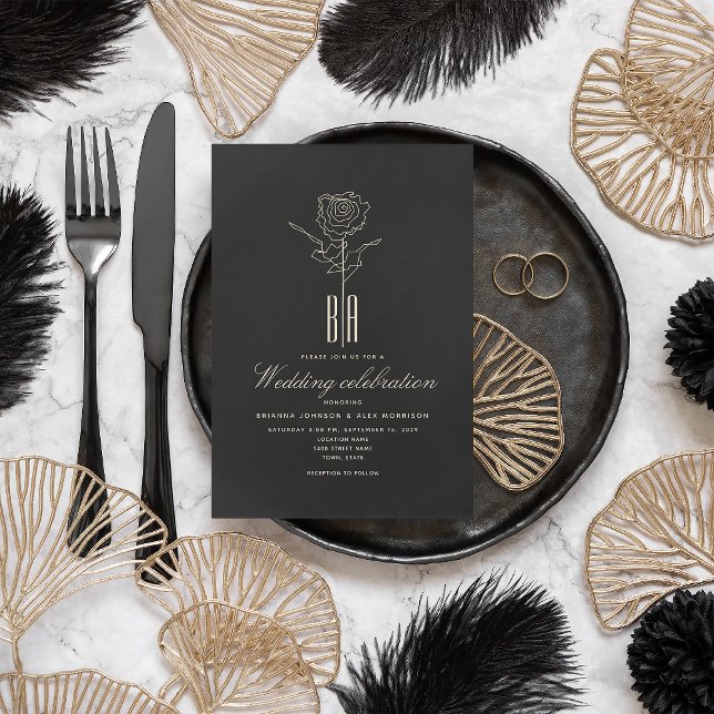 Convite de Casamento Romântico Preto Ouro Monogram (Criador carregado)