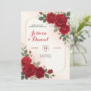 Convite de Casamento Romântico Rosa Carmesim