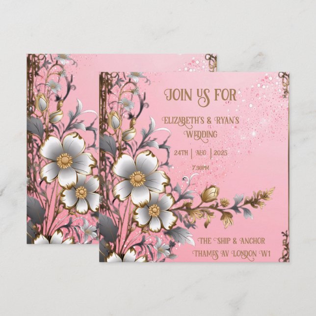 Convite de Casamento Romântico Rosa Floral Caprich (Frente/Verso)