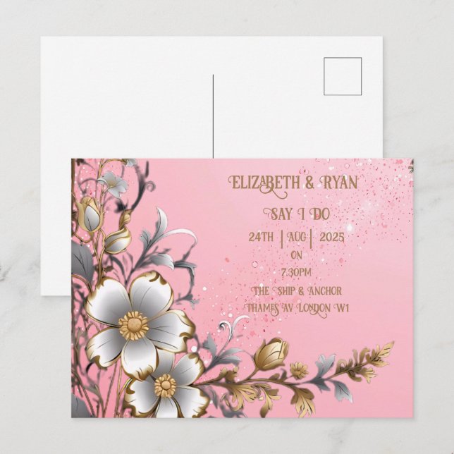 Convite de Casamento Romântico Rosa Floral Caprich (Frente/Verso)