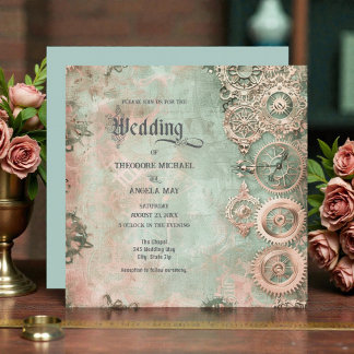Convite de Casamento Romântico Steampunk com Engre