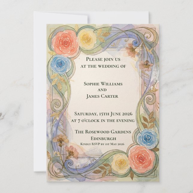 Convite de Casamento Rosa Arco-Íris Pastel (Frente)