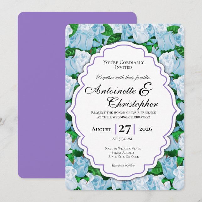 Convite de Casamento Rosa Azul e Branco - Borda Ro (Frente/Verso)