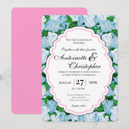 Convite de Casamento Rosa Azul e Branco com Borda
