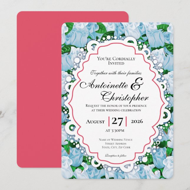 Convite de Casamento Rosa Azul e Branco com Borda  (Frente/Verso)