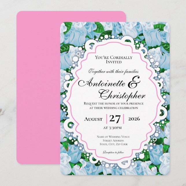 Convite de Casamento Rosa Azul e Branco com Borda  (Frente/Verso)