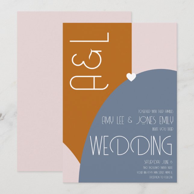 Convite de Casamento Rosa Azul Terracota Geometric (Frente/Verso)