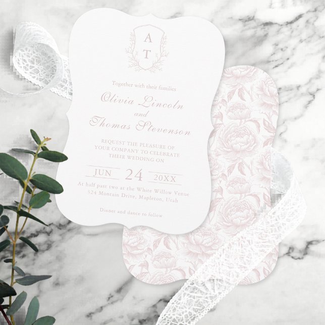 Convite de Casamento Rosa Bege com Monograma na Cr (Criador carregado)