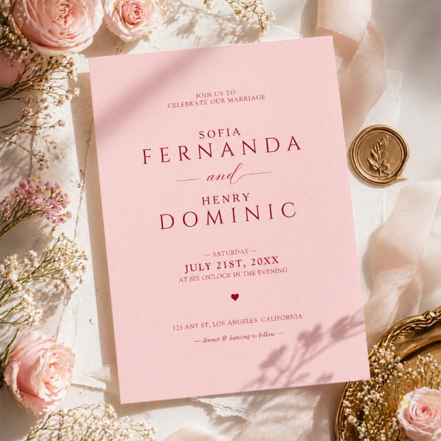 Convite de Casamento Rosa Bege com Tipografia Verm (Criador carregado)