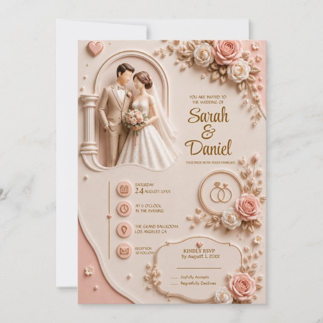 Convite de Casamento Rosa Bege Elegante 3D (CUSTOM (Frente)