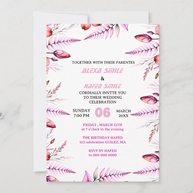 Convite de Casamento Rosa Bege Elegante Dourado, B (Frente)