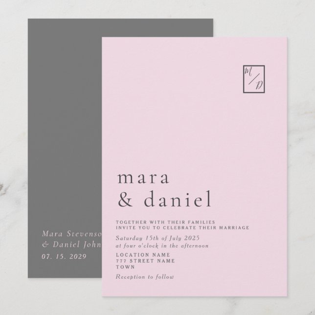 Convite de Casamento Rosa Bege Minimalista (Frente/Verso)