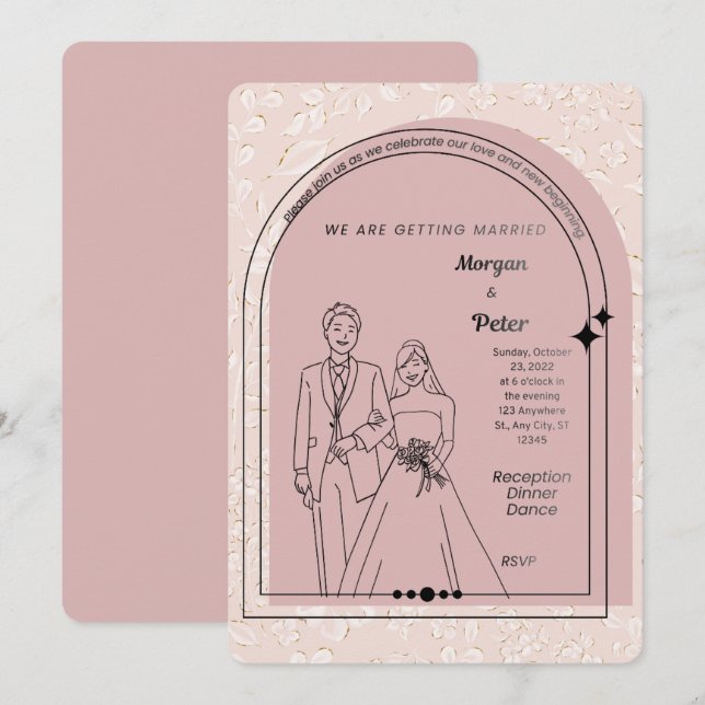 Convite de Casamento Rosa Bege | Moderno e Editáve (Frente/Verso)