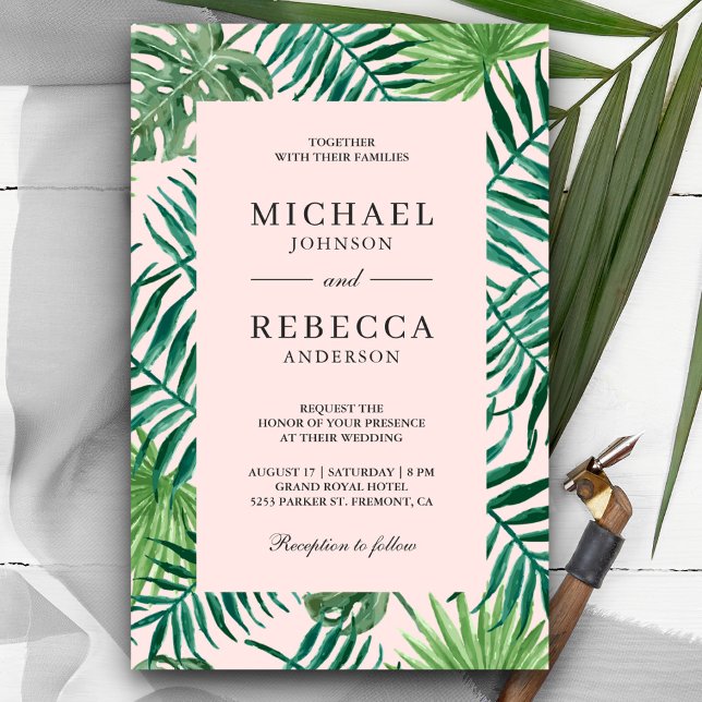 Convite de Casamento Rosa Bege Tropical Palma Orça (Criador carregado)