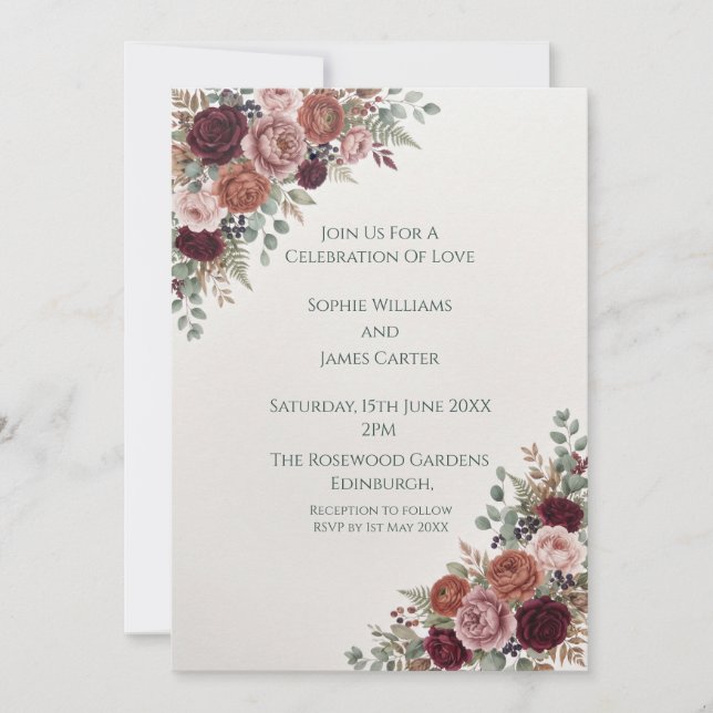 Convite de Casamento Rosa Borgonha (Frente)
