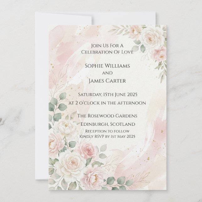 Convite de Casamento Rosa Branca Corada (Frente)