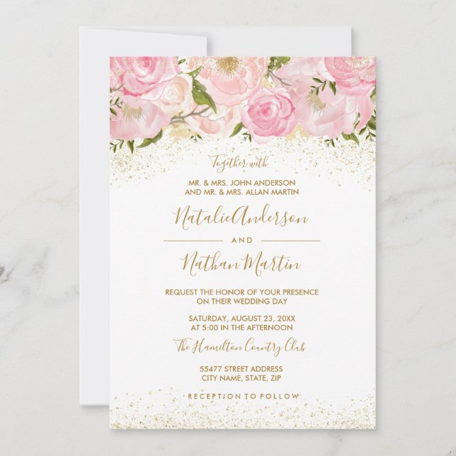 Convite de Casamento Rosa Brilho Pink Gold (Frente)
