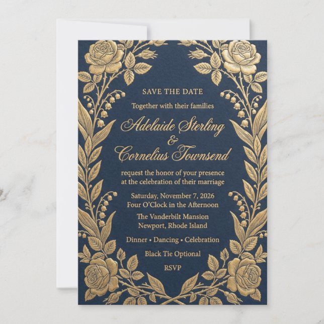 Convite de Casamento Rosa com Folha Dourada e Azul (Frente)