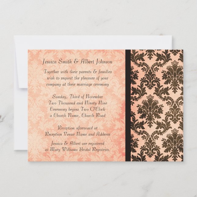Convite de casamento Rosa Damask Coral Elegante de (Frente)