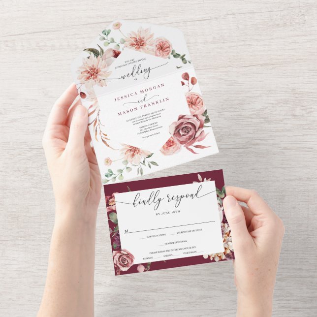Convite de casamento Rosa de Boho para Todos em Um (Tearaway)