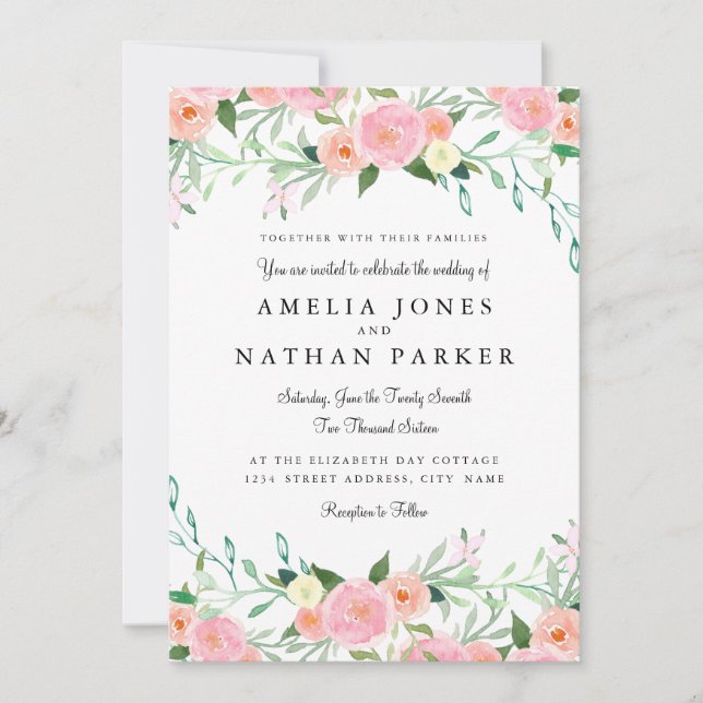 Convite de Casamento Rosa Doce Aquarela Pêssego (Frente)